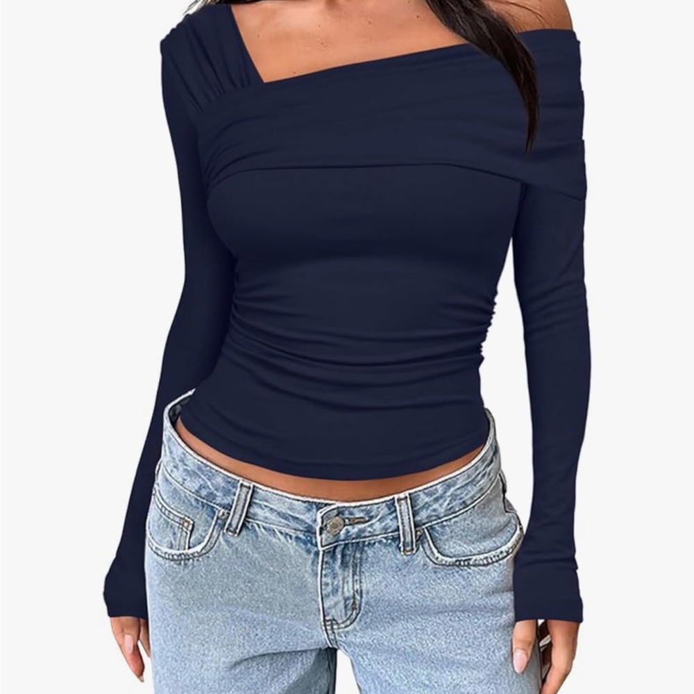 Navy Blue Offshoulder Long Sleeve Blouse